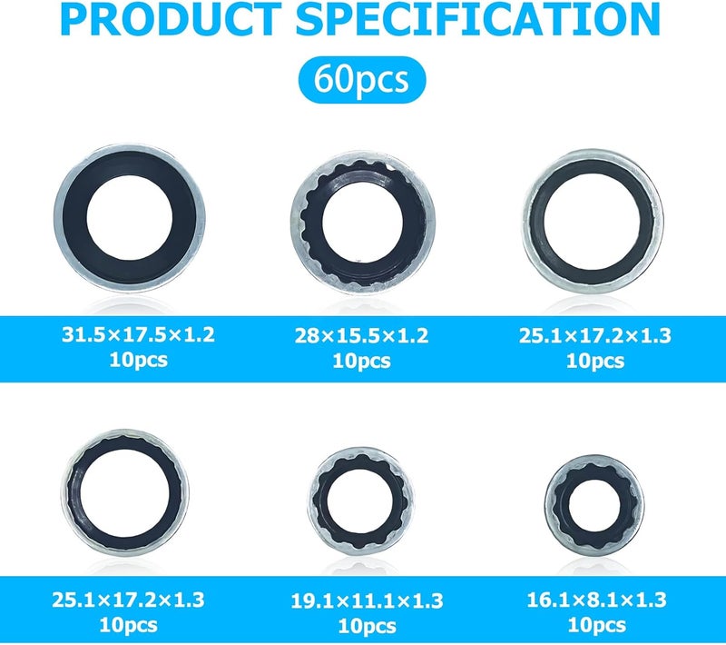 AClengda 60pcs automotive A/C system compressor gasket seal, Air Conditioner Compressor Port Seal Gasket Kit Bonded Gasket Seal Assortment Set (60 pcs) - Image 2
